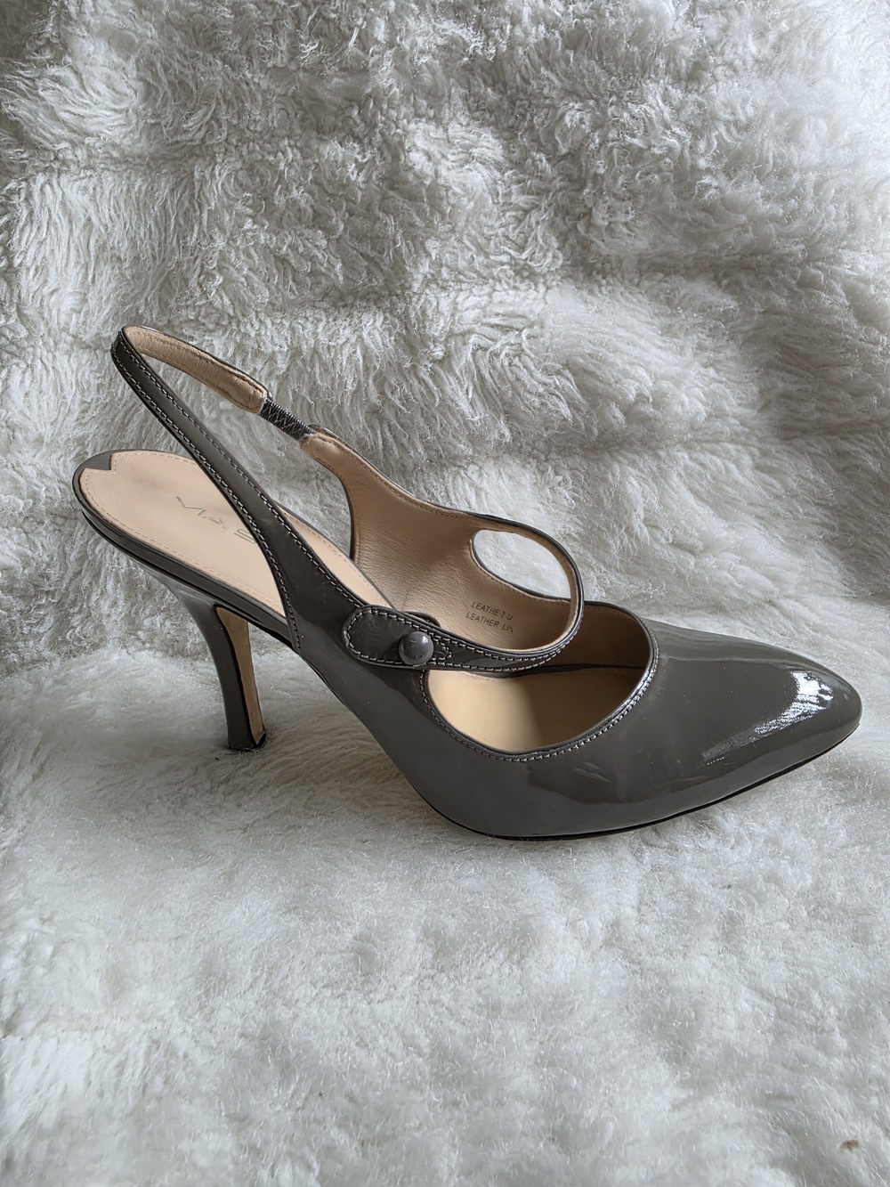Via Spiga Gray Patent Slingback Pumps with Button Strap